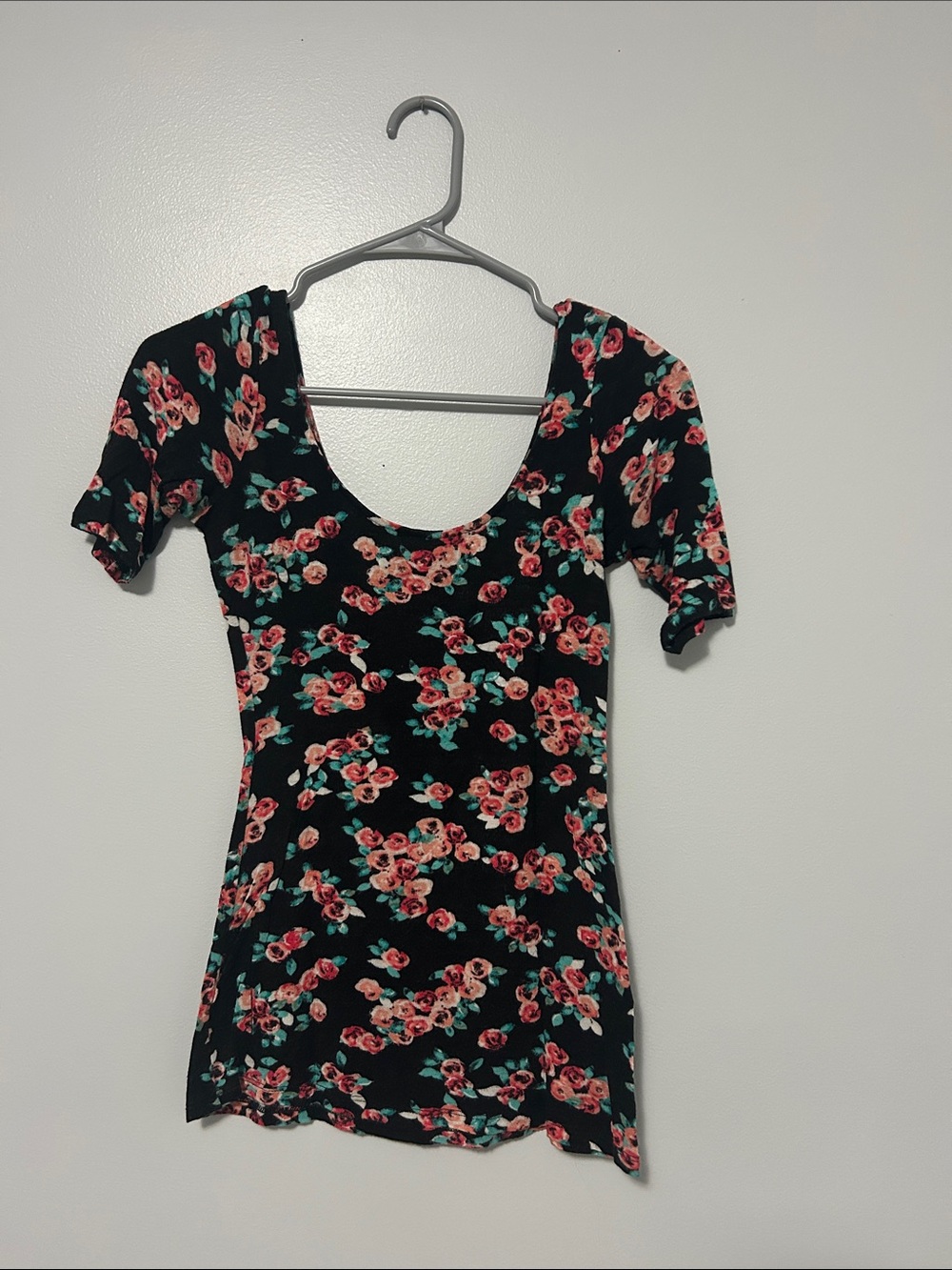 Kirra Black Floral Scoop Neck Tee Dress with Pink Roses